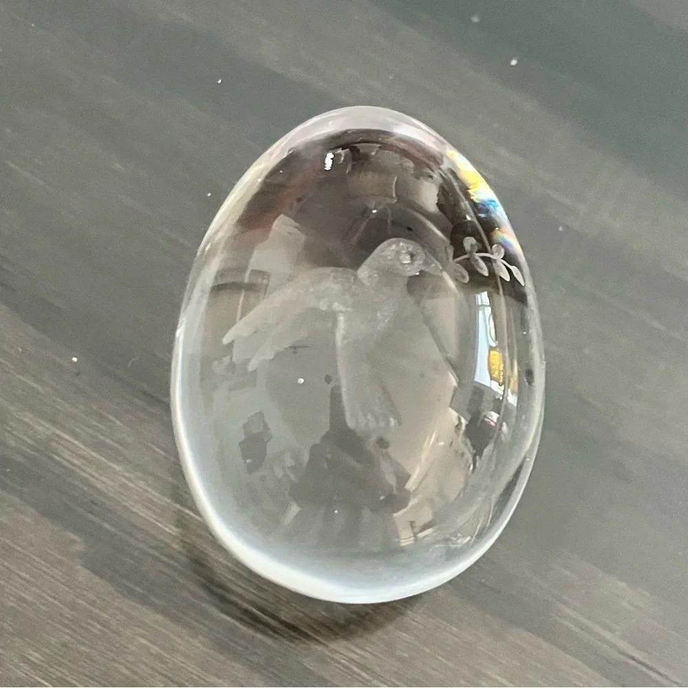 Crystal Egg Paperweight with Etched Dove Holding Laurel Branch